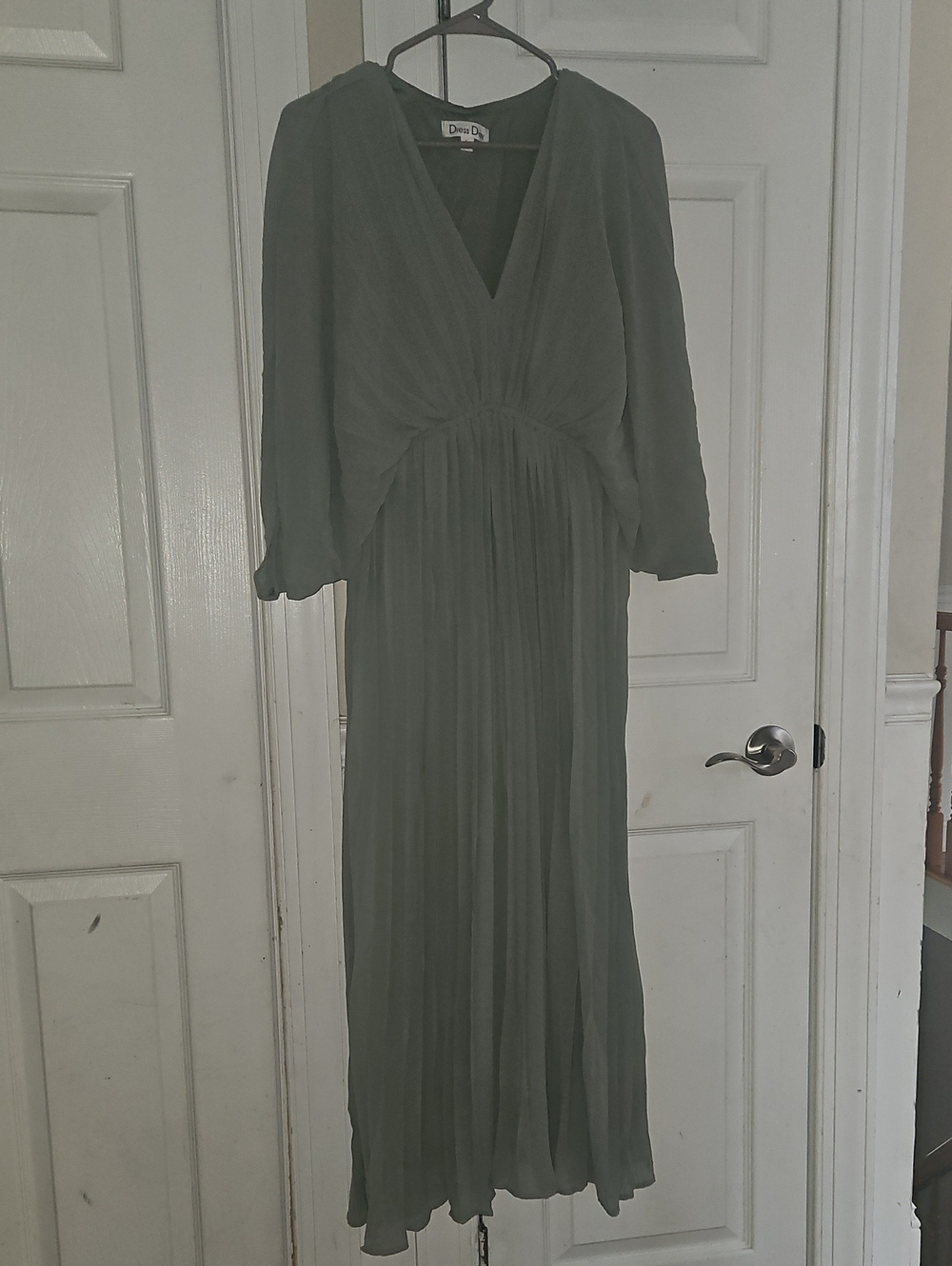 Dina Bar-El Olive Green Pleated V-Neck Maxi Dress